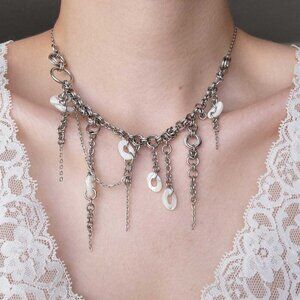 Mermaid's asymmetrical white pearl and silver chunky statement necklace